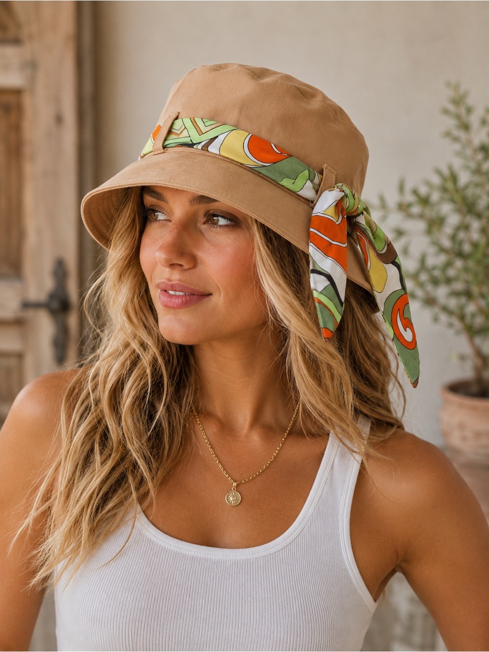 Liz Claiborne Tan Bucket Hat with Removable Scarf Accent